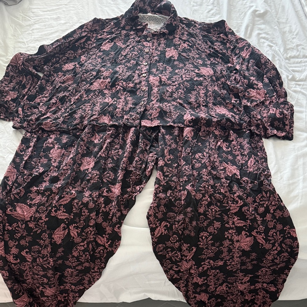 Free People Black and Pink Floral Pajama Set